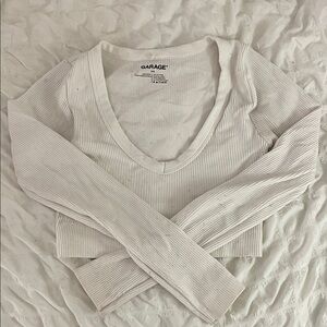 Garage White Ribbed V-Neck Cropped Long Sleeve Top